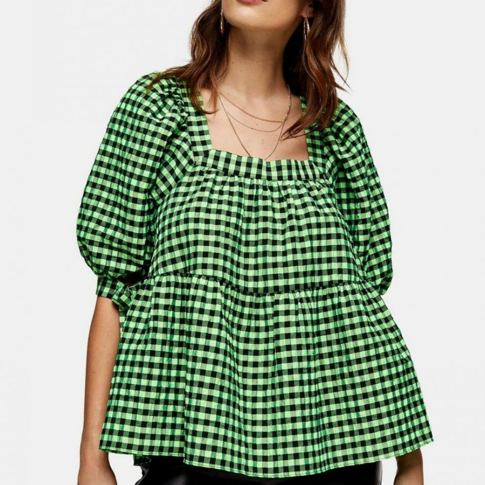 Topshop Neon Green Check Chuck On Blouse Size 2 NWT
